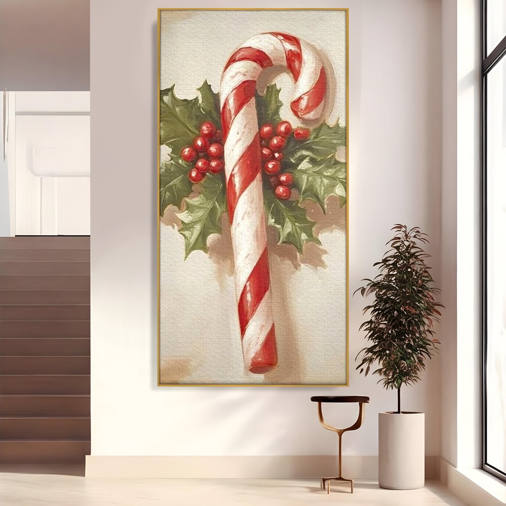 Tablou canvas cu pictura cu baston de zahar si frunze, in rama de aluminiu auriu